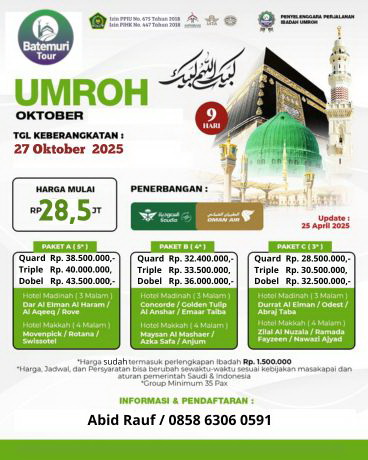 Paket Umrah Reguler , Umrah 9D , BTT –Ast,  Keberangkatan 27 Oktober  2025